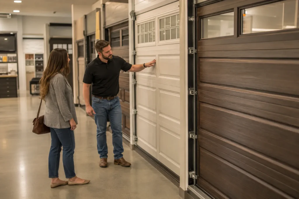 Garage Door Supplier in Maricopa County - AZ reviewing insulated door panels beside a residential garage opening, Garage Door Supplier in Gold Canyon - AZ reviewing insulated steel door samples beside a desert home