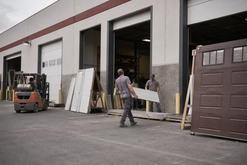Garage Door Supplier in Mesa - AZ reviewing insulated door samples beside a suburban two-car garage