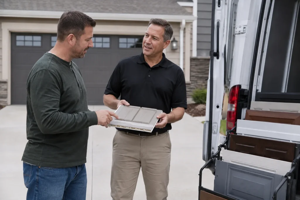 Garage Door Supplier measuring a replacement door opening at a Mesa - AZ home before ordering