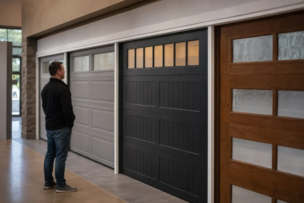 Garage Door Supplier in Gilbert - AZ reviewing insulated door samples beside a suburban three-car garage, Garage Door Supplier in San Tan Valley - AZ comparing panel styles beside a residential garage, Garage Door Supplier in Surprise - AZ reviewing insulated door samples beside a suburban driveway