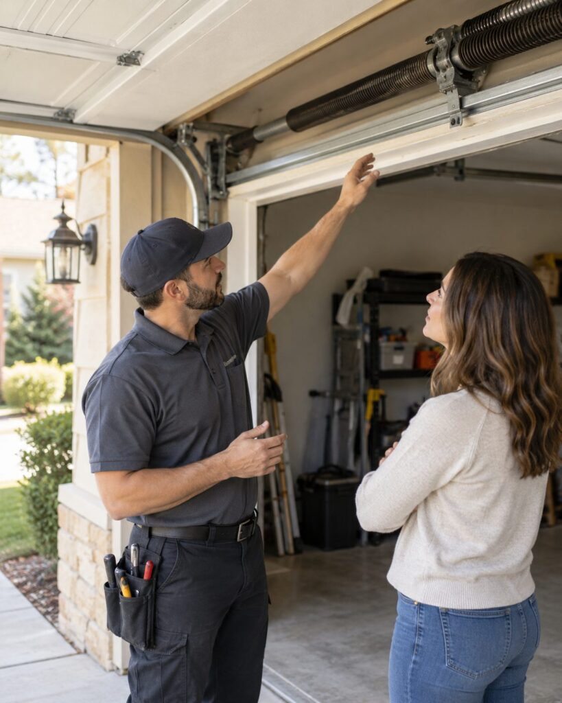 Technician showing a homeowner the torsion spring during garage door spring repair in Mesa - AZ inside her garage, Technician explaining the new torsion spring to a homeowner after garage door spring repair in Phoenix - AZ, Homeowner learning about her worn torsion spring from a technician during garage door spring repair in Paradise Valley - AZ, Technician walking a homeowner through the repair after garage door spring repair in Florence - AZ