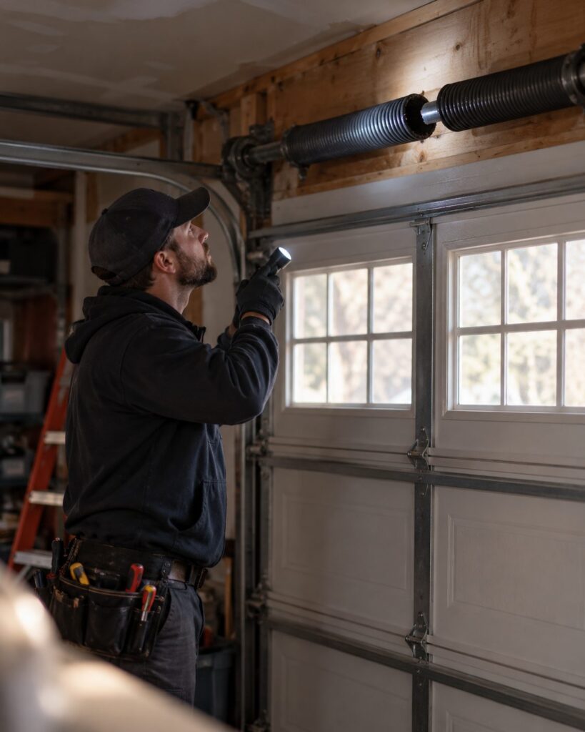 Technician using a flashlight to inspect a worn torsion spring before garage door spring repair in Chandler - AZ, Technician shining a flashlight along the torsion tube to check spring wear for garage door spring repair in Fountain Hills - AZ, Technician using a flashlight to check the torsion spring for garage door spring repair in Casa Grande - AZ