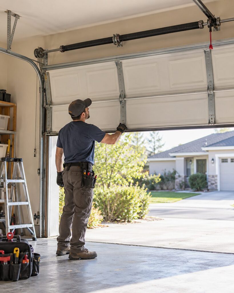 Technician checking the cable and track beside an open door as part of garage door spring repair in Gilbert - AZ, Technician inspecting the lift cable near an open door while handling garage door spring repair in Paradise Valley - AZ, Technician standing at an open garage door with tools ready for garage door spring repair in Goodyear - AZ