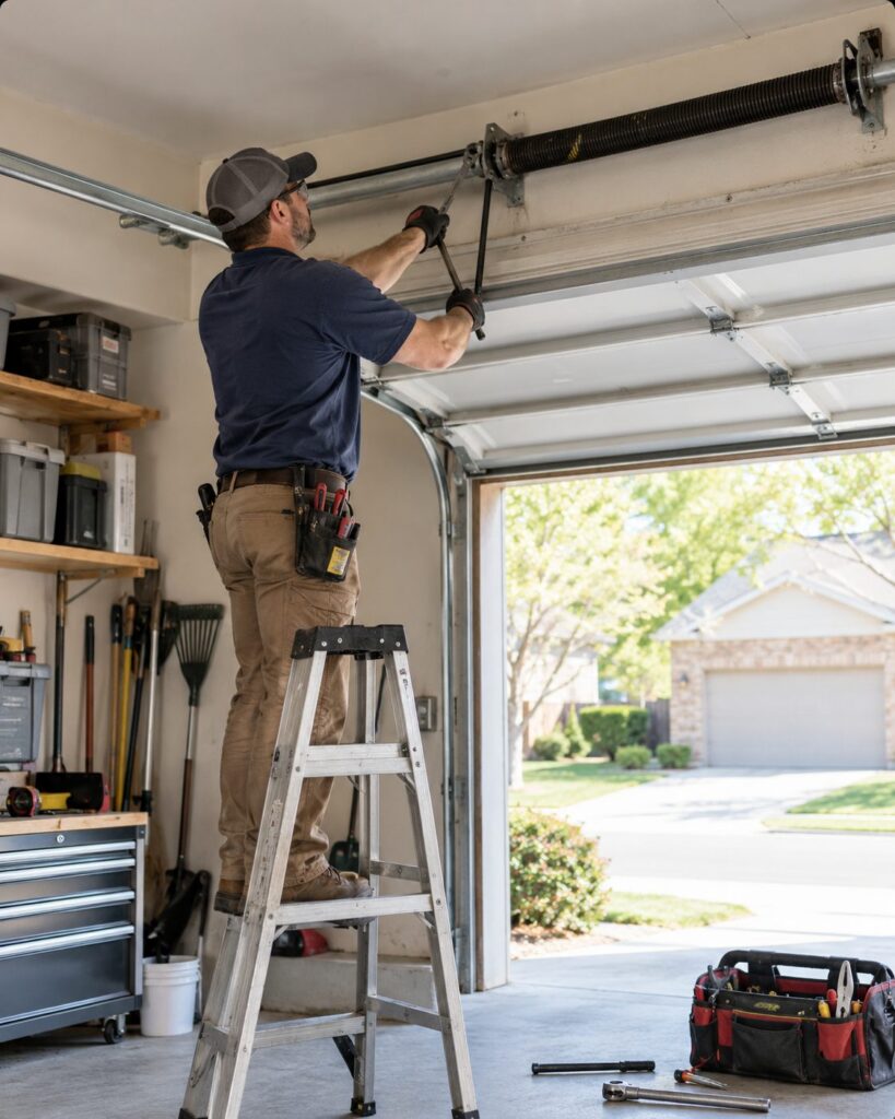 Technician on a stepladder adjusting the torsion spring above an open door during garage door spring repair in Mesa - AZ, Garage door spring repair in Queen Creek - AZ with a technician on a stepladder servicing the overhead torsion spring, Garage door spring repair in Fountain Hills - AZ with a technician on a stepladder working above an open door, Technician on a stepladder fitting a replacement torsion spring during garage door spring repair in Glendale - AZ