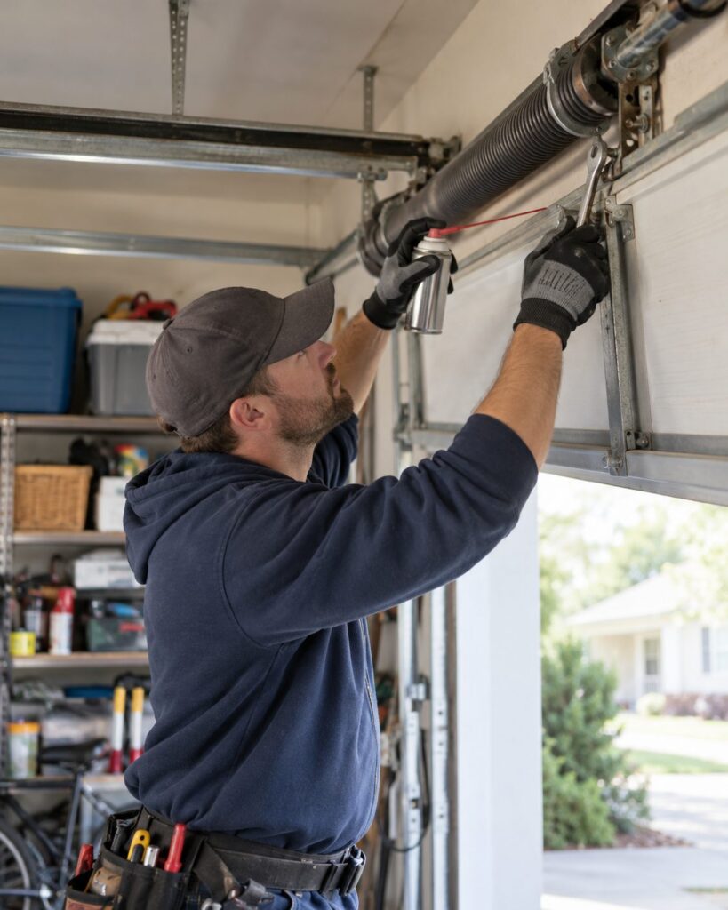 Close view of a technician gripping the torsion spring hardware while finishing garage door spring repair in Chandler - AZ, Technician reaching up to secure the torsion spring winding cone during garage door spring repair in Tempe - AZ, Technician gripping the spring winding cone overhead to complete garage door spring repair in Goodyear - AZ, Technician securing the spring hardware above the door during garage door spring repair in Surprise - AZ