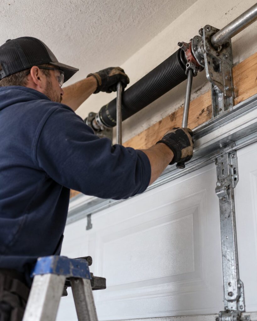 Technician tightening a new torsion spring with a winding bar during garage door spring repair in Gilbert - AZ, Technician using a winding bar to set tension on the torsion spring during garage door spring repair in Scottsdale - AZ, Close view of a winding bar setting spring tension in garage door spring repair in Glendale - AZ, Technician winding a new torsion spring to the right tension during garage door spring repair in San Tan Valley - AZ