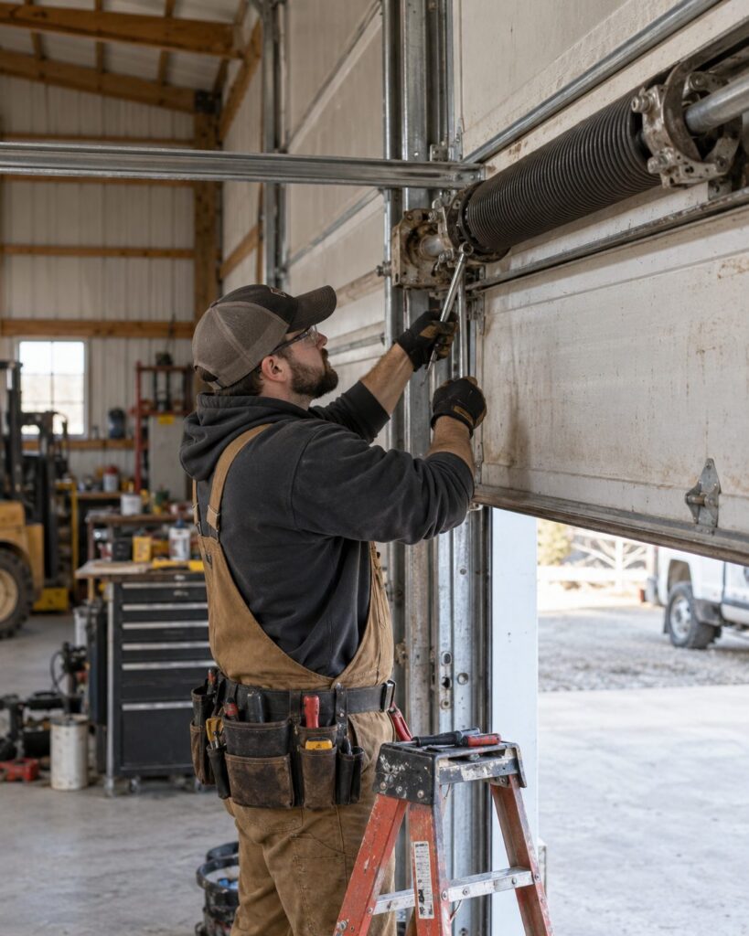 Technician in a tool apron adjusting spring hardware by the track for garage door spring repair in Queen Creek - AZ, Technician fine-tuning spring brackets beside the track during garage door spring repair in Gold Canyon - AZ, Technician wearing a tool apron tightening spring brackets by the track for garage door spring repair in Surprise - AZ