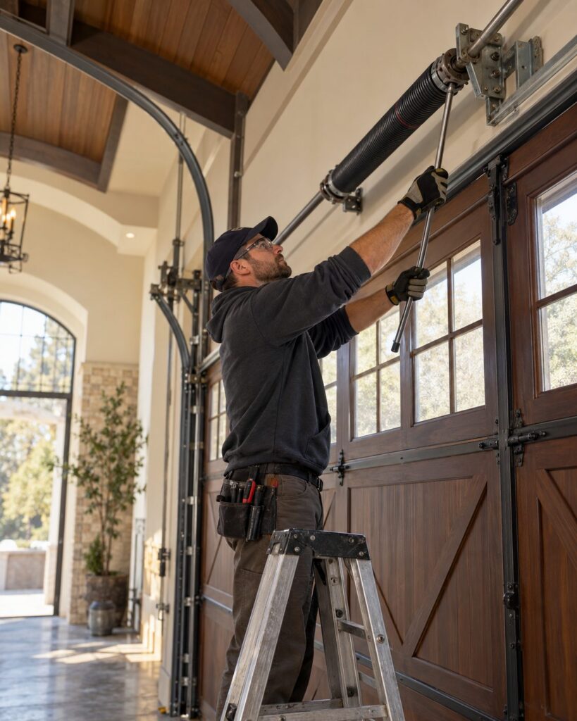 Technician on a ladder servicing the spring above a wood carriage-style door for garage door spring repair in Tempe - AZ, Garage door spring repair in Phoenix - AZ with a technician on a ladder above a wood carriage-style door, Technician on a ladder above a wood carriage-style door completing garage door spring repair in San Tan Valley - AZ, Technician working on the spring above a carriage-style wood door for garage door spring repair in Coolidge - AZ