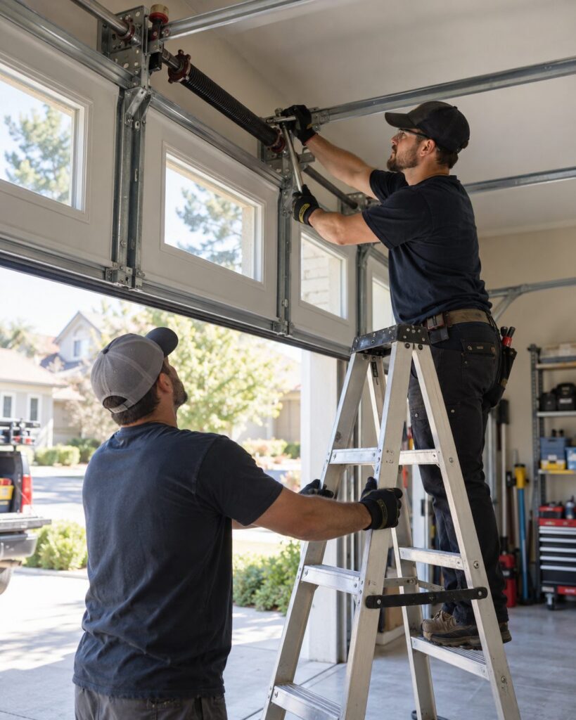 Two technicians working together with one on a ladder handling garage door spring repair in Scottsdale - AZ, Two technicians teaming up on a ladder to replace a torsion spring during garage door spring repair in Florence - AZ