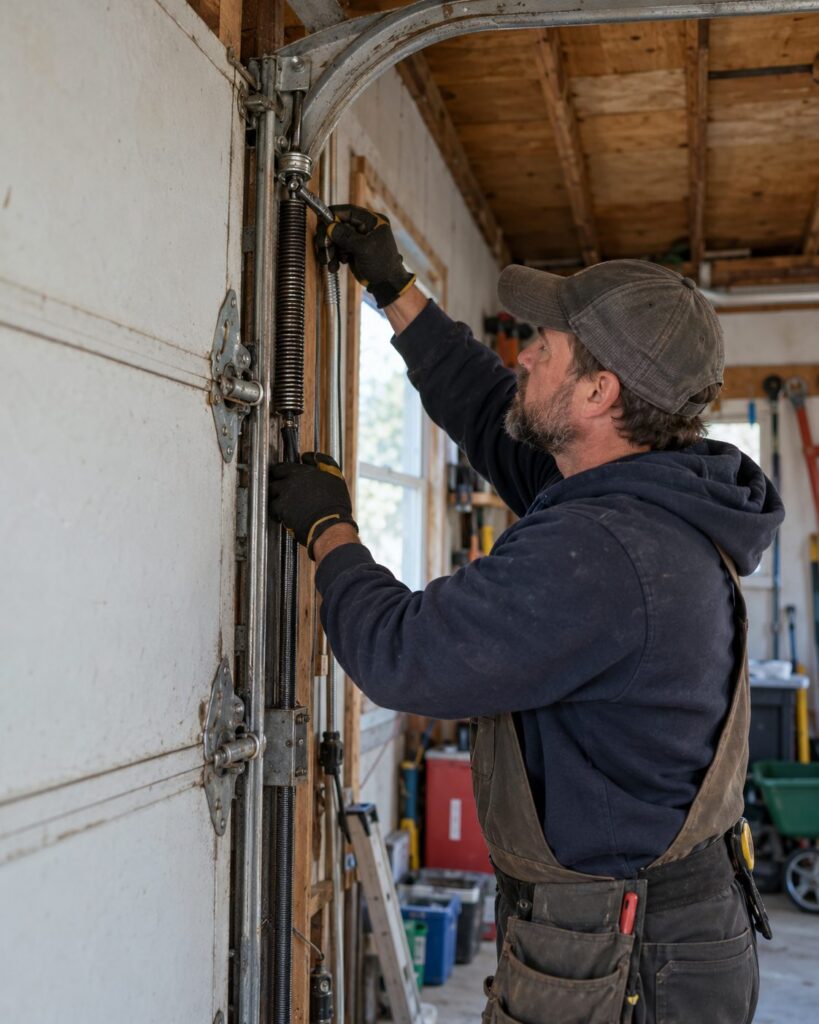 Technician checking the vertical track and lift cable after garage door spring repair in Gold Canyon - AZ, Technician checking the side track and lift cable as part of garage door spring repair in Coolidge - AZ, Technician inspecting the vertical track and cable beside the door during garage door spring repair in Casa Grande - AZ